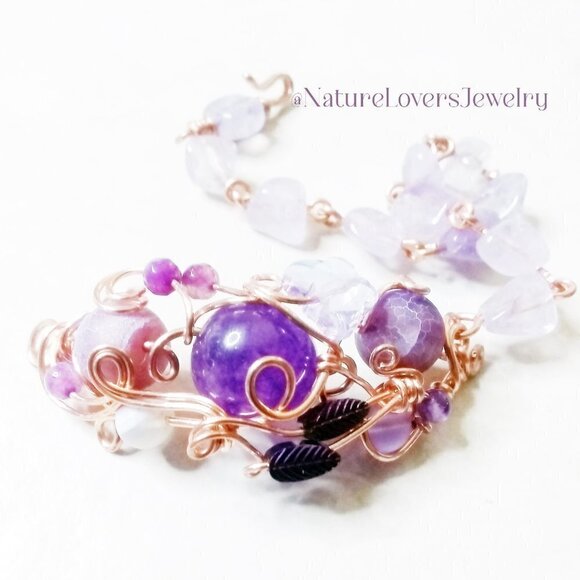 Lilac & Purple Butterfly + Gemstone Bracelet! Amethyst + Agate + WireWrap Copper - Picture 6 of 14